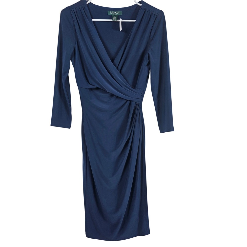 Lauren Ralph Lauren Dress Womens 2 Blue Faux Wrap Oversized Ruched Sheath Career